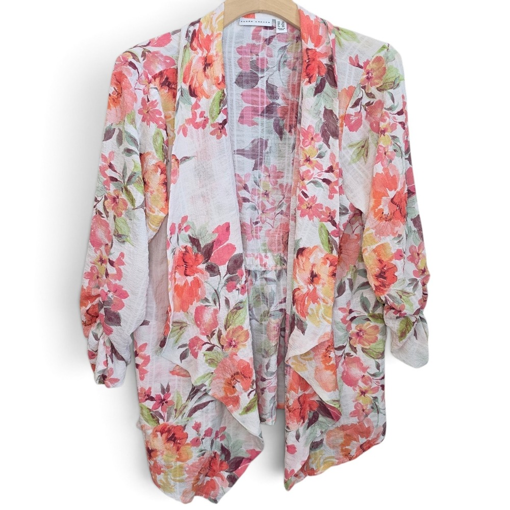 Susan Graver Cardigan Womens Petite Small PS Floral Open Ruched Kimono Draped